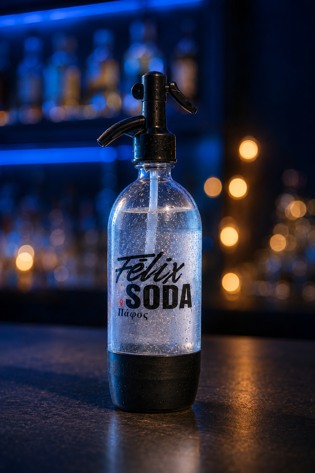Close view of a traditional Félix Soda siphon bottle